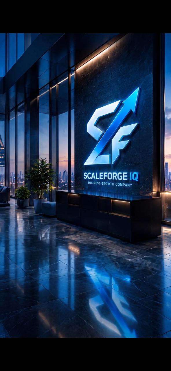 ScaleForge IQ branding in a blue-lit office interior